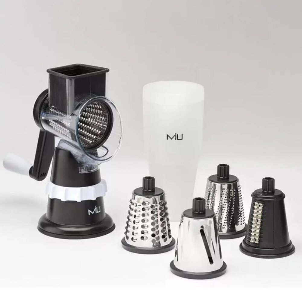 Rotary Food Grater, 5 Stainless Steel Drums, Dishwasher Safe, with Storage